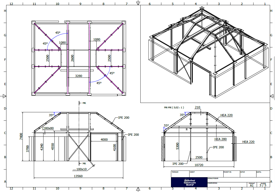Constructietekening van de dakconstructie met aanzichten en maatvoering