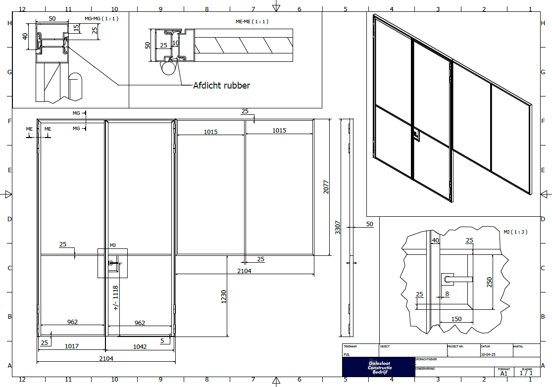 Technische tekening van een glazen deur met frame en aansluitdetails