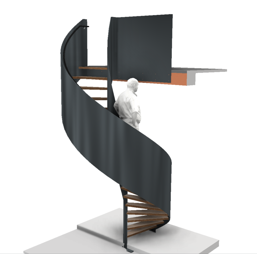 3D-model van de spiltrap met gebogen balustrade