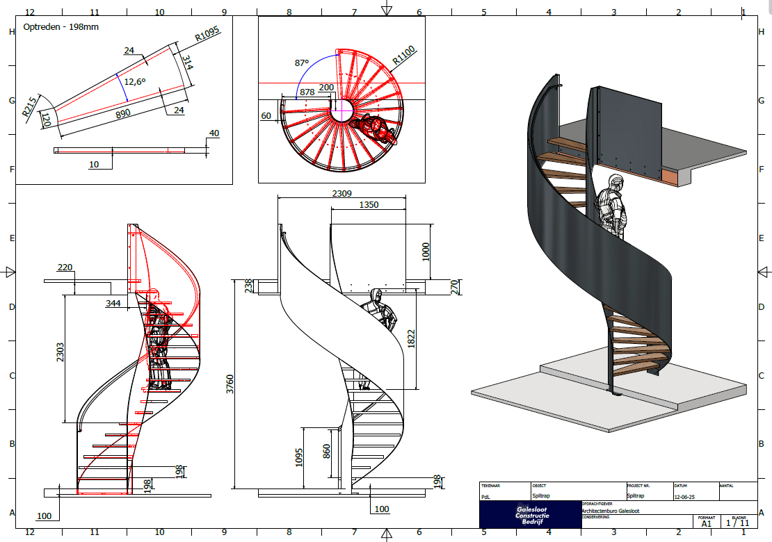 Traptekening met aanzichten, maatvoering en een 3D-overzicht
